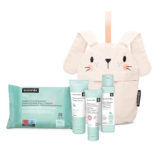 Suavinex, Neceser Bebé, Set Regalo Bebé Recién Nacido con: Crema del Pañal, 75 ml + Gel Champú Espumoso 100 ml + Crema Facial 50 ml + Toallitas Dermohidratantes 25 uds. Formato Viaje, Conejo, Rosa