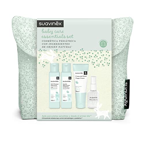 Suavinex, Neceser para Bebés de Tela, Set Regalo Bebé Recién Nacido con Cosmética: Gel Champú 100 ml + Loción Hidratante 100 ml + Crema Pañal 75 ml + Colonia Bebé 50 ml. Formato Viaje. Mint