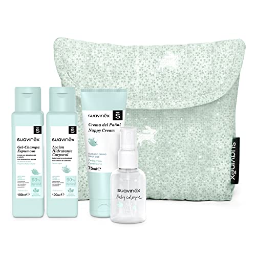 Suavinex, Neceser para Bebés de Tela, Set Regalo Bebé Recién Nacido con Cosmética: Gel Champú 100 ml + Loción Hidratante 100 ml + Crema Pañal 75 ml + Colonia Bebé 50 ml. Formato Viaje. Mint