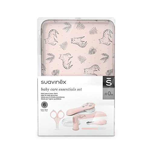 Suavinex, Neceser Set Manicura para Bebés, +0M, Kit Cuidado del Bebé con Cepillo, Peine, Cepillo Dental, Tijeritas, Lima y Cortaúñas. Neceser Impermeable con Cremallera, Rosa