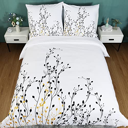 SUCHDECO Funda Nórdica Cama 135/150 cm Juego de 3 Piezas Patrón de Rama - Funda Edredón Reversible con Cremallera 220x240 cm con 2 Fundas de Almohada 80x80 cm, Blanco