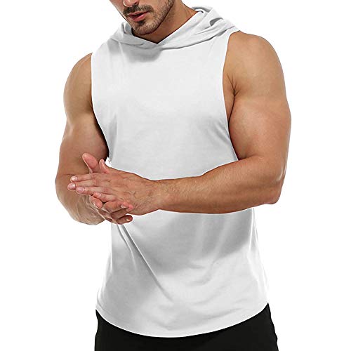 Sudaderas sin Mangas de Entrenamiento para Hombres, Camisetas sin Mangas con Capucha de algodón para Entrenamiento atlético, Camisetas Deportivas para Culturismo y músculos Blanco L