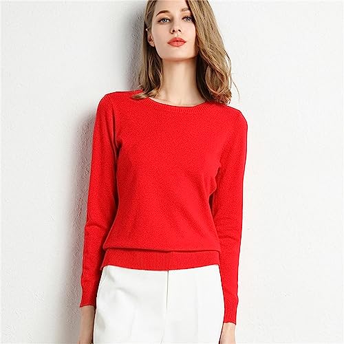 Suéter Holgado de Manga Larga con Cuello Redondo para Mujer, Camisa de Parte Inferior de Punto de Color sólido (Red, M)