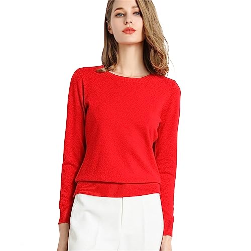 Suéter Holgado de Manga Larga con Cuello Redondo para Mujer, Camisa de Parte Inferior de Punto de Color sólido (Red, M)