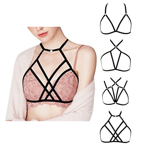 Sujetador Sexy con Tirantes y Ahuecado para Mujer, Bralette de Jaula elástica sin Copas Punk gótico Seductor Ajustable con cinturón Halter Top Corto para Damas Festival Club (Set of 4)