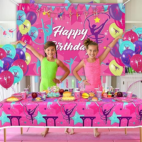 Suministros de Fiesta de cumpleaños de Gimnasia, Incluye Pancarta, vajilla de Gimnasia, Mantel y Globos, Decoraciones de Fiesta de Gimnasia para tu pequeña Gimnasta de Baile (telón de Fondo)