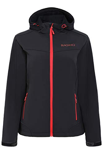 SUNDRIED de Mujeres Softshell técnico ocasional de la chaqueta abrigo de invierno a prueba de viento - con capucha caliente con estilo - Mejor para el invierno (XL, Negro)