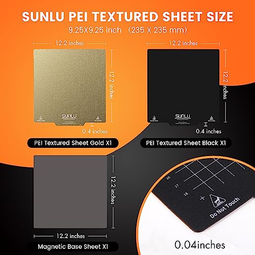 SUNLU PEI Hoja, Cama Magnética para Impresora 3D con Textura Esmerilada, 235x235mm Plataforma PEI Cama de Calentamiento Extraíble, 2 hojas PEI (negro+oro)+ 1 hoja de pegatina base