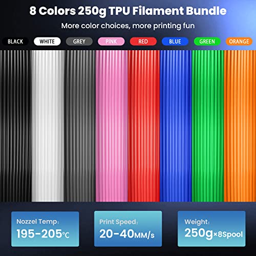 SUNLU TPU Filamentos Multicolor, Flexible 1.75mm Impresora 3D, 0.25kg/Carrete,Total de 8 Paquetes de 2kg,Alta Tenacidad y Flexibilidad, Negro+blanco+gris+rosa+azul+rojo+verde+naranja