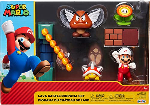 Super Mario-Diorama Castillo de Lava con 3 Figuras 6 cm y 2 Accesorios Accionables Bolas de Fuego son Giratorias, color black (Jakks Pacific 400152)