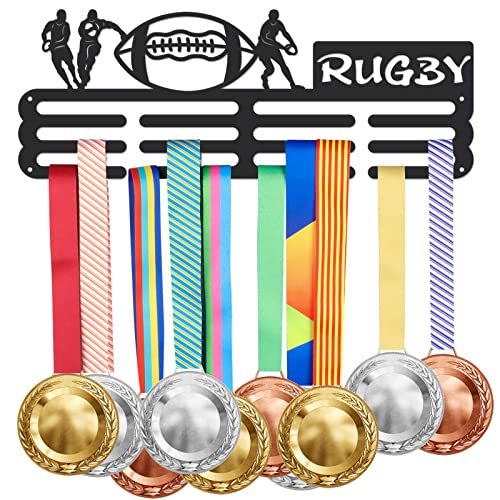 SUPERDANT Rugby Medal Display Rack Rugby Player Sports Medal Hanger Display Hierro Montado En la Pared Ganchos para 60+ Medallas Trofeo Premios Sports Ribbon Holder Display Wall Hanging