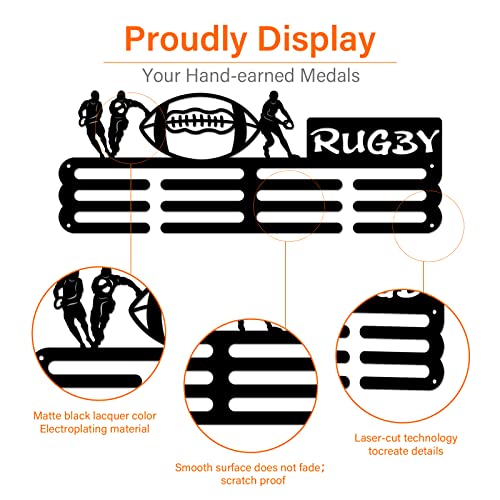 SUPERDANT Rugby Medal Display Rack Rugby Player Sports Medal Hanger Display Hierro Montado En la Pared Ganchos para 60+ Medallas Trofeo Premios Sports Ribbon Holder Display Wall Hanging