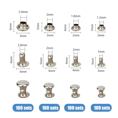 SUPERFINDINGS 400par 4 tamaños Remaches de Cuero Remaches de Doble Tapa de 3/4/5/6mm Tachuelas de Metal Tubulares Bolsas Zapatos Cinturones Decoración Remaches de Colisión para Reparaciones Decoración