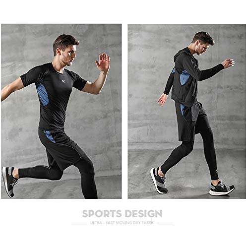 Superora 5 Piezas Conjunto de Ropa Deportiva Hombre Camisetas Pantalon Corto Deporte Ropa Secado Rápido Traje Deportivo Elástico Cremallera Suave Correr (Azul, M（Asia XL en Etiqueta）)