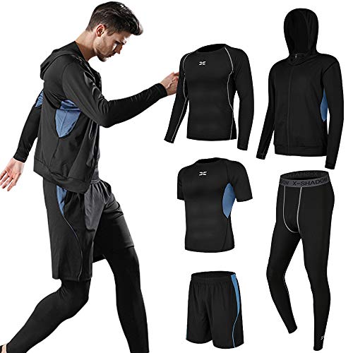 Superora 5 Piezas Conjunto de Ropa Deportiva Hombre Camisetas Pantalon Corto Deporte Ropa Secado Rápido Traje Deportivo Elástico Cremallera Suave Correr (Azul, M（Asia XL en Etiqueta）)