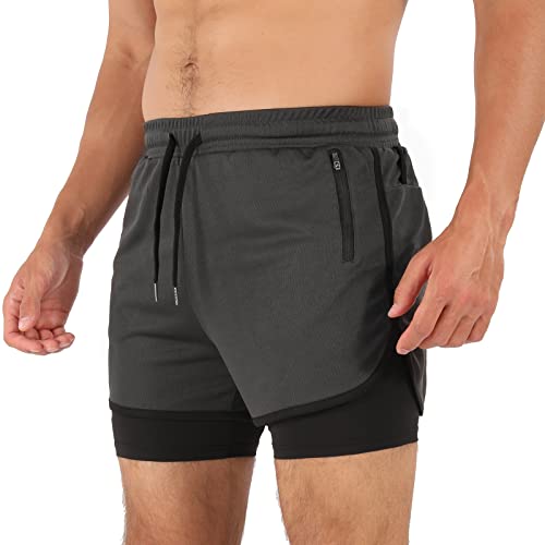 Superora Pantalones Cortos de Running para Hombre Pantalones Cortos de compresión Gimnasio Fitness Workout 2 en 1 Pantalones Cortos con Bolsillo para el móvil y Bolsillos con Cremallera