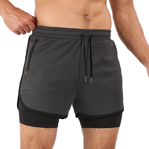 Superora Pantalones Cortos de Running para Hombre Pantalones Cortos de compresión Gimnasio Fitness Workout 2 en 1 Pantalones Cortos con Bolsillo para el móvil y Bolsillos con Cremallera