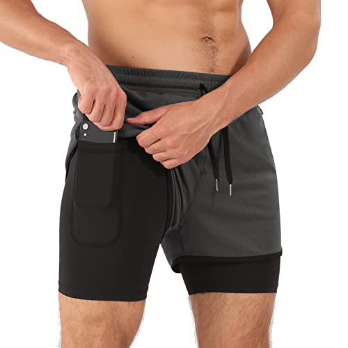 Superora Pantalones Cortos de Running para Hombre Pantalones Cortos de compresión Gimnasio Fitness Workout 2 en 1 Pantalones Cortos con Bolsillo para el móvil y Bolsillos con Cremallera