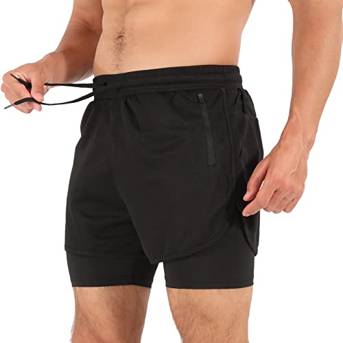 Superora Pantalones Cortos de Running para Hombre Pantalones Cortos de compresión Gimnasio Fitness Workout 2 en 1 Pantalones Cortos con Bolsillo para el móvil y Bolsillos con Cremallera