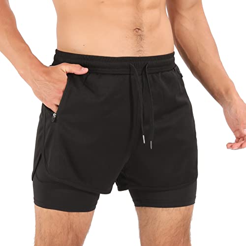 Superora Pantalones Cortos de Running para Hombre Pantalones Cortos de compresión Gimnasio Fitness Workout 2 en 1 Pantalones Cortos con Bolsillo para el móvil y Bolsillos con Cremallera