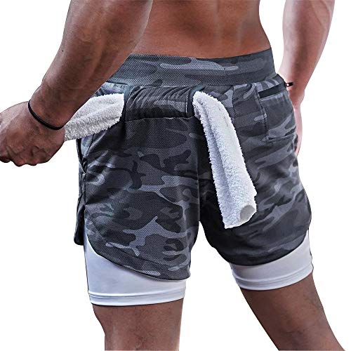 Superora Pantalones Cortos Hombre Deporte Chándal Deportivos Compresión Interna con Bolsillo Incorporado y Bolsillo Transpiración de Secado Rápido Camuflaje Gris