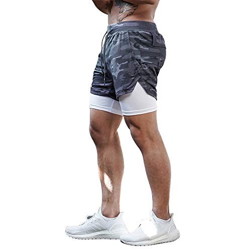 Superora Pantalones Cortos Hombre Deporte Chándal Deportivos Compresión Interna con Bolsillo Incorporado y Bolsillo Transpiración de Secado Rápido Camuflaje Gris