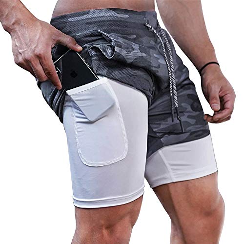 Superora Pantalones Cortos Hombre Deporte Chándal Deportivos Compresión Interna con Bolsillo Incorporado y Bolsillo Transpiración de Secado Rápido Camuflaje Gris