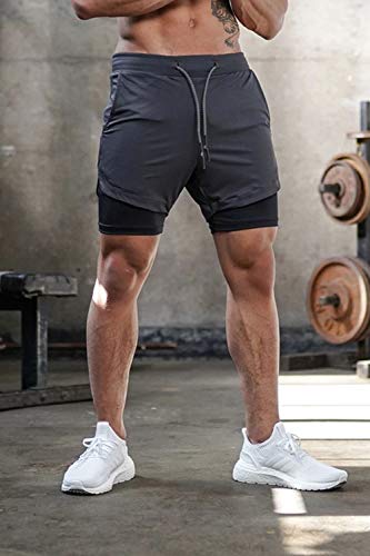 Superora Pantalones Cortos Hombre Deporte Chándal Deportivos Compresión Interna con Bolsillo Incorporado y Bolsillo Transpiración de Secado Rápido Gris