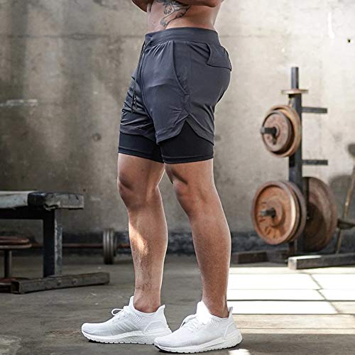 Superora Pantalones Cortos Hombre Deporte Chándal Deportivos Compresión Interna con Bolsillo Incorporado y Bolsillo Transpiración de Secado Rápido Gris