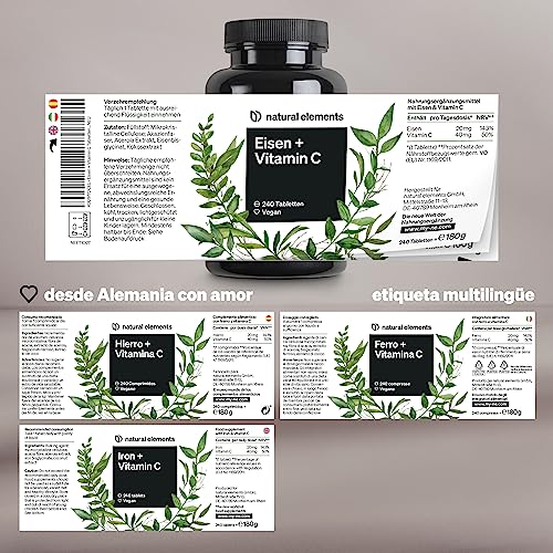 Suplemento de Hierro con 40mg Vitamina C – bisglicinato de hierro – 240 comprimidos veganos – complejo de quelato de buena tolerancia – alta dosificación, sin aditivos innecesarios﻿