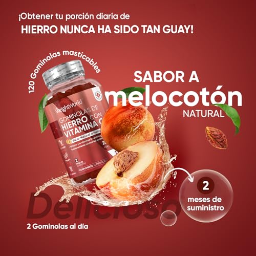 Suplemento de Hierro con Vitamina C, 28mg y 10mg Sabor a Melocotón, 120 Gominolas Veganas (2 Meses) - Hierro y Vitamina C para el Sistema Inmune, Cansancio y Fatiga - Alta Potencia, Sin Gluten ni OGM