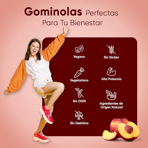 Suplemento de Hierro con Vitamina C, 28mg y 10mg Sabor a Melocotón, 120 Gominolas Veganas (2 Meses) - Hierro y Vitamina C para el Sistema Inmune, Cansancio y Fatiga - Alta Potencia, Sin Gluten ni OGM