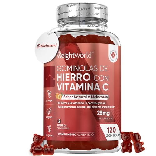 Suplemento de Hierro con Vitamina C, 28mg y 10mg Sabor a Melocotón, 120 Gominolas Veganas (2 Meses) - Hierro y Vitamina C para el Sistema Inmune, Cansancio y Fatiga - Alta Potencia, Sin Gluten ni OGM