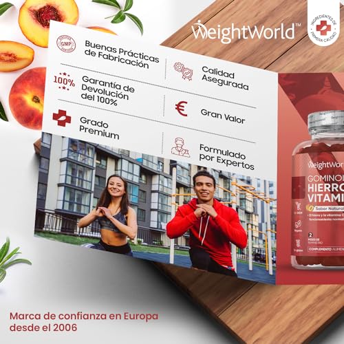 Suplemento de Hierro con Vitamina C, 28mg y 10mg Sabor a Melocotón, 120 Gominolas Veganas (2 Meses) - Hierro y Vitamina C para el Sistema Inmune, Cansancio y Fatiga - Alta Potencia, Sin Gluten ni OGM