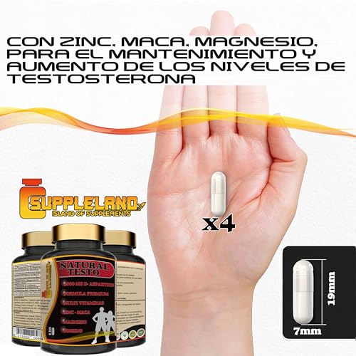 SUPPLELAND - Testosterona Hombre Musculacion en Altas Dosis | 120 Capsulas de Testosterona Pura para Aumentar Masa Muscular | Con Maca, Ginseng, Magnesio, Acido Aspártico y Vitaminas D3, B6 y A