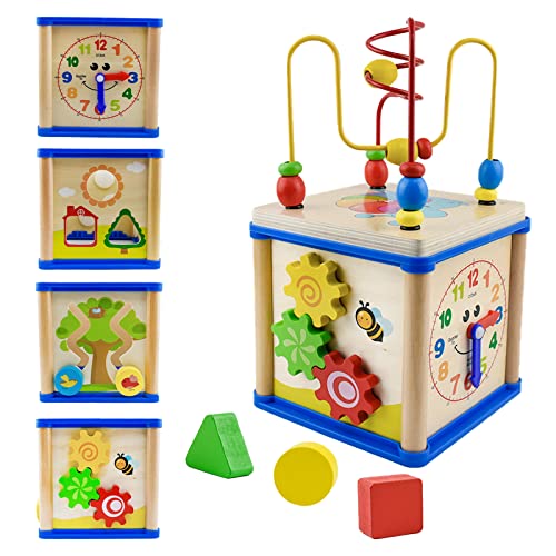 Surplex Cubo de Cubo de Actividades de Madera Laberinto 5 en 1, Montaña Rusa Reloj zig Zag Slide Engranajes y Bloques, Juguetes de Aprendizaje Montessori de Madera para Niños y Niñas de 1 2 3 Años