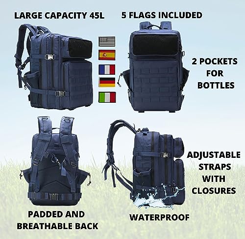 SusggO Mochila Militar Tactica 45L 5 Banderas, Gran Capacidad Impermeable Mochila Viaje Mochila Crossfit senderismo trekking camping mochila escolar deportes aire libre gimnasio (AZUL)