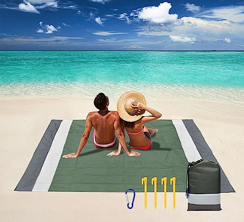 Suwang Esterilla Playa 200 x 210 cm,Manta Playa impermeable,Alfombra de Playa sin arena,Alfombra Playa Grande,Para playa,Senderismo beach blanket portátil de secado rápido. (Verde militar/Blanco/Gris)