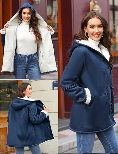 Svanco Mujer Abrigos Invierno Calentitos con Forro Polar Chaqueta de Piel con Capucha con Horn Botones Parka Grueso Elegantes Sudadera Lana