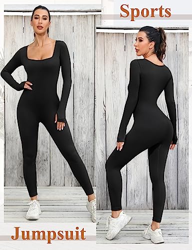 Svanco Mujer Mono de Deportivo Manga Larga Mono de Yoga Jumpsuit Elásticos de Una Pieza Monos de Punto Acanalado Ajustado Mallas Sexy para Gimnasio Entrenamiento Overol