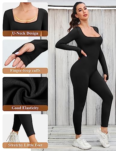 Svanco Mujer Mono de Deportivo Manga Larga Mono de Yoga Jumpsuit Elásticos de Una Pieza Monos de Punto Acanalado Ajustado Mallas Sexy para Gimnasio Entrenamiento Overol