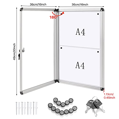 SwanSea Tablón de anuncios cerrado Tablero de anuncios de borrado en seco Tableros de anuncios bloqueables Blanco con marco de aluminio 49 x 36 cm (2 x A4)