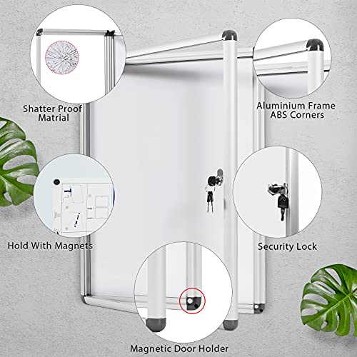 SwanSea Tablón de anuncios cerrado Tablero de anuncios de borrado en seco Tableros de anuncios bloqueables Blanco con marco de aluminio 49 x 36 cm (2 x A4)