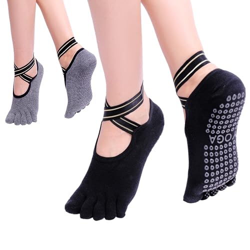 SWINILAYA 2 Pares Calcetines Pilates, Calcetines Yoga Mujer Antideslizantes, Calcetines Antideslizantes Pilates, Calcetines Dedos Antideslizantes, Calcetines Antideslizantes Mujer