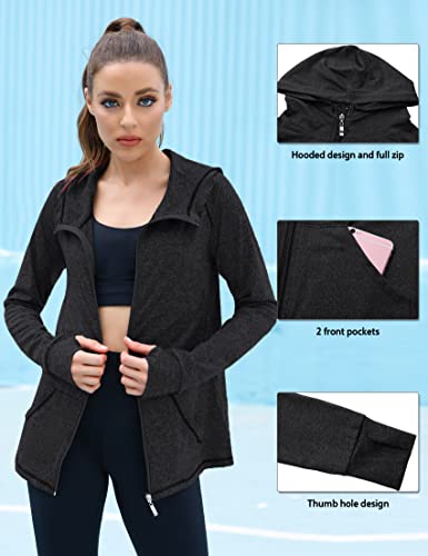 Sykooria Chaqueta Deportiva Mujer Manga Larga Running Sudaderas Mujer con Bolsillos Sudadera Mujer Cremallera y Capucha con Agujeros para los Pulgares S-XXL