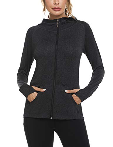 Sykooria Chaqueta Deportiva Mujer Manga Larga Running Sudaderas Mujer con Bolsillos Sudadera Mujer Cremallera y Capucha con Agujeros para los Pulgares S-XXL