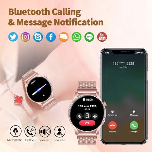 SZHELEJIAM Reloj Inteligente Mujer con Llamadas Bluetooth, 1.43” AMOLED Smartwatch IP67 con Pulsómetro Función Femenina Caloría SpO2 y Sueño, Pulsera Actividad para Android iOS Regalo Mujer Rosa