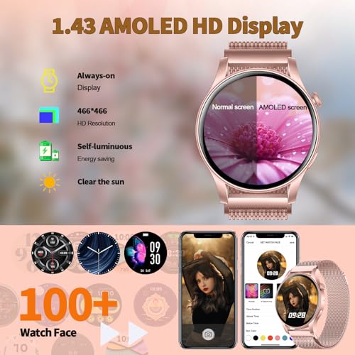 SZHELEJIAM Reloj Inteligente Mujer con Llamadas Bluetooth, 1.43” AMOLED Smartwatch IP67 con Pulsómetro Función Femenina Caloría SpO2 y Sueño, Pulsera Actividad para Android iOS Regalo Mujer Rosa