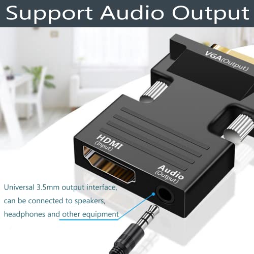 SZJUNXIAO Adaptador HDMI a VGA, Adaptador de HDMI a VGA con Cable de Audio 1080P 60Hz Convertidor de Vídeo Audio HDMI Hembra a VGA Macho Adaptador para PC Computadora Portátil a Monitor Proyector TV