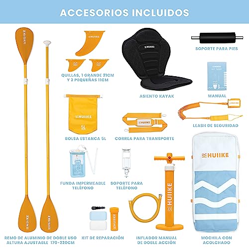 Tabla Paddle Surf Hinchable con Accesorios Premium - HUIIKE |con Remo Doble Uso y Asiento Kayak | Stand Up Paddle de Gran Estabilidad y Resistencia.